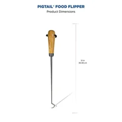 1324 12” PigTail Food Flipper, Blister Pack - ABS Handle, PigTail Flipper, Meat Hook For Grilling, Wood/Stainless, 201310