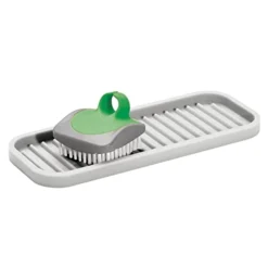 MDesign Durable Silicone Kitchen Sink Storage Organizer Tray - Holder For Sponges, Soap, Scrubbers - Ribbed Base, Quick Drying, Waterproof, Non-Slip - Linelle Collection - Light Stone Gray