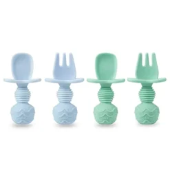 4 Pack Silicone Baby Spoons And Fork Feeding Set- Anti-Choke First Self Feeding Utensils For Baby Led Weaning Ages 3 Months (Cyan+Blue)