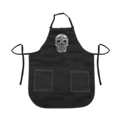 Betty Dain Sugar Skull Apron, Classic Design, Bottom Zipper Pockets, Adjustable Neck Strap, Printed Metallic Silver Sugar, Lightweight, Water-Resistant Poly Nylon Blend Repels Hair, Black/Silver