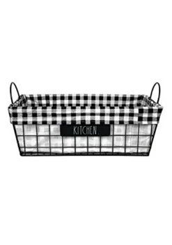 ‘Kitchen’ Metal Lined Basket - Rustic, Farmhouse, Vintage Style With Wire And Fabric - Storage Organizer For Kitchen, Pantry, Laundry Room, Closet, Nursery, Office - Cute Home Décor