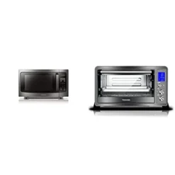 Toshiba ML-EM45P(BS) Countertop Microwave Oven, 1.6 Cu.ft, Black Stainless Steel, Non-inverter Technology & AC25CEW-BS Toaster Oven, 6-Slice Bread/12-Inch Pizza, Black Stainless Steel, 1500W