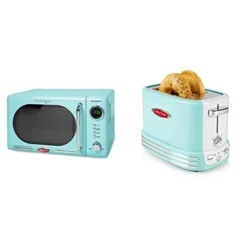 Retro Compact Countertop Microwave Oven, 0.7 Cu. Ft. 700-Watts With LED Digital Display & Retro Wide 2-Slice Toaster, Vintage Design With Crumb Tray, Cord Storage & 5 Toasting Levels, Aqua