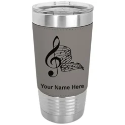 20oz Vacuum Insulated Tumbler Mug, Musical Notes, Personalized Engraving Included (Faux Leather, Gray)