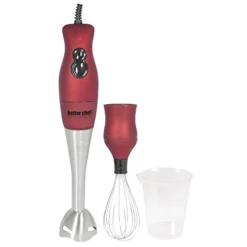 Immersion Blender With Whisk Attachment | 2-Speed 200-Watt Motor | Stainless Blending & Whisk Attachment | Rubberized Grip | Measuring Cup (Red)