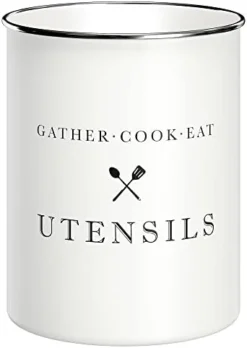 White Utensil Holder For Kitchen Countertop, Farmhouse Metal Utensil Crock, Rustic Country Decorative Kitchen Utensil Caddy Large, 5.5x6.75 -Kitchen Island Sale 31sXsbqOL. AC