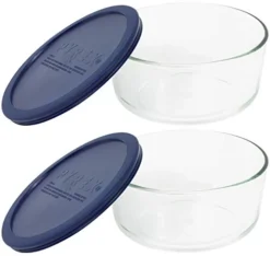 Pyrex Storage 4-Cup Round Dish With Dark Blue Plastic Cover, Clear (Pack Of 2 Containers)