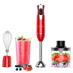 4-in-1 Retro Immersion Hand Blender & Food Chopper With Whisk, 2 Speeds, Blending Beaker Included, Stainless Steel, 260W, Red