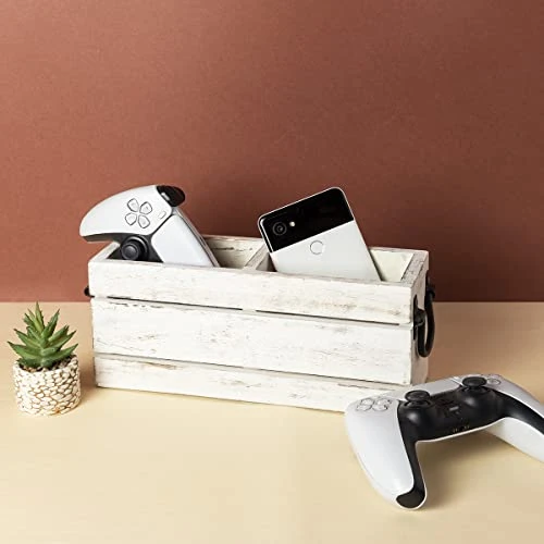 2 Compartment Flatware Caddy With Metal Handles, Cutlery Holder, Multipurpose Organizer For Office Supplies, Remote Controllers, Nightstand | Rustic White Finish 3 2 Compartment Flatware Caddy With Metal Handles, Cutlery Holder, Multipurpose Organizer For Office Supplies, Remote Controllers, Nightstand | Rustic White Finish - Image 3