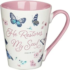 Omforting Butterfly Ceramic Scripture Coffee And Tea Mug For Women: He Restores My Soul - Psalm 23:3 Bible Verse, Dishwasher/Microwave Safe, Pink And White Floral, 14 Oz. -Kitchen Island Sale 410lGU2csUL. AC