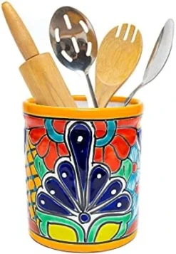 Ceramic Large Utensil Holder Spatula Crock Kitchen Counter Organizer Mexican Pottery Utensils Tools Caddy Spoon Rest White Ceramic (Cobalt Large (7.5"H X 6"W)) -Kitchen Island Sale 412D0HjRBNS. AC