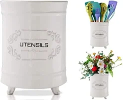 French White Ceramic Utensil Holder - Vintage Style Kitchen Utensil Caddy - Shabby Chic Cooking Utensil Organizer For Countertop - Rustic French Country Utensil Crock For Cooking Enthuziast -Kitchen Island Sale 4132dg 4D3L. AC