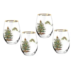 Spode Christmas Tree Stemless Wine Glasses- Set Of 4 -19 Ounces- Made Of Glass – Gold Rim- Classic Drinkware- Gift For Christmas, Holidays, Or Wedding