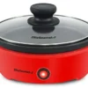 L-6101 Personal Stir Fry Griddle Pan, Rapid Heat Up, 650 Watts Non-stick Electric Skillet With Tempered Glass Lid, Red