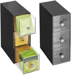 MDesign Plastic Kitchen Pantry, Cabinet, Countertop Organizer Storage Station With 3 Drawers For Coffee, Tea, Sugar Packets, Sweeteners, Creamers, Drink Pods, Packets - 3 Sections - Clear -Kitchen Island Sale 415N3tlMzS. AC