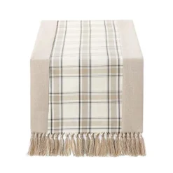 15 X 72 Inch Buffalo Checks Linen Table Runner With Handmade Fringed, Rustic Farmhouse Style Wide Table Runners 72 Inches Long For Dining Room, Dresser - Beige Plaid