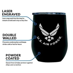 Air Force Steel Stemless Wine Glass Tumbler, 12 Oz Double Wall Vacuum Insulated Whiskey Tumbler With USAF Logo And Lid