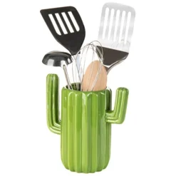 Southwestern Style Green Ceramic Utensil Holder With Cactus Shaped Design, Countertop Utensil Crock Container Kitchen Decor