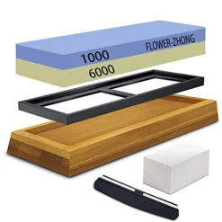 Hetstone Knife Sharpener Kit FLOWER-ZHONG Sharpening Stones 2 Side Grit 1000/6000 Waterstone - Whetstone Knife Sharpener- NonSlip Bamboo Base & Angle Guide Family Essential