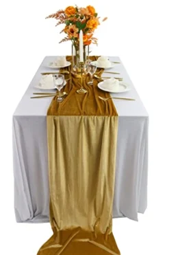 OME Velvet Table Runner, 10ft Luxurious Wedding Reception Decorations Soft Velvet Fabric Table Linen Overlay For Party (20 X 120 Inch, Gold)