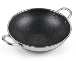 12.5” Wok Pan With Dual Honeycomb Wok Stainless Steel Wok Pan With Nonstick Coating, Frying Pans Cookware, Two Handles,Works With Induction ,Gas, Electric, Ceramic Furnace Stove, Without Lid