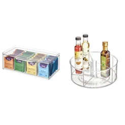 IDesign Crisp BPA-Free Plastic Stackable Tea Bag Organizer - 12.59" X 6.23" X 4.57" & Recycled Plastic Lazy Susan Turntable Organizer The Linus Collection, 11.5", Clear
