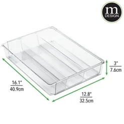 MDesign Plastic Adjustable/Expandable Divided Drawer Storage Organizer With 4 Compartments For Kitchen Pantry, Cupboard, Cabinet, Hold Silverware, Utensils, Cutlery - Ligne Collection - Clear