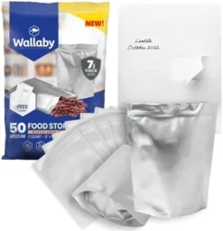 50x Wallaby 1-Quart Gusset Mylar Bag Bundle - (6 Mil - 7" X 10") Stand-Up Zipper Pouches + 50x Labels - Heat Sealable, Food Safe, & Reliable Long Term-Food Storage Solutions - Silver -Kitchen Island Sale 41BqXGWGhkL. AC