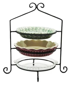 3 Tier Pie Plate Stand - Solid Satin Black Wrought Iron Triple Rack Display Amish Handmade In USA