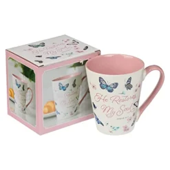 Omforting Butterfly Ceramic Scripture Coffee And Tea Mug For Women: He Restores My Soul - Psalm 23:3 Bible Verse, Dishwasher/Microwave Safe, Pink And White Floral, 14 Oz. -Kitchen Island Sale 41DFTgnIV3L