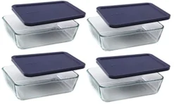 Pyrex 6-cup 7211 Rectangle Glass Food Storage Containers With Blue Plastic Lids - 4 Pack
