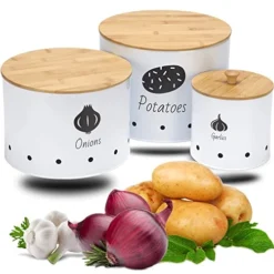 Canister Sets For The Kitchen | Potato Onion Garlic Storage, White Canisters Set Of 3 With Wooden Lids, Vegetable Fresh Keeper, Stainless Steel Containers, Long Life Shelf