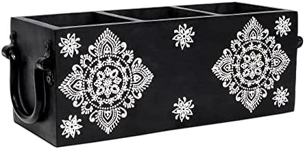 Wood Utensil Holder For Kitchen | 3 Compartments - Whitewash & Black | Rustic Farmhouse Home Decor | Bathroom Organizer | Decorative Wooden Caddy | Desktop Organization | 13" Length 6 Wood Utensil Holder For Kitchen | 3 Compartments - Whitewash & Black | Rustic Farmhouse Home Decor | Bathroom Organizer | Decorative Wooden Caddy | Desktop Organization | 13" Length - Image 6