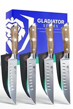 Steak Knives Set - 4 Piece - Gladiator Series - 5 Inch - Forged High Carbon German Steel - Olive Wood Handle - Straight Edge - Razor Sharp Kitchen Knife Set - Sheaths Included