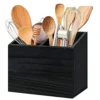 Utensil Holder For Kitchen Counter, Wood Utensil Organizer With 2 Compartments, Utensil Caddy And Silverware Organizer For Kitchen Decor, Black Kitchen Accessories
