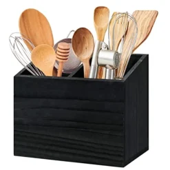 Utensil Holder For Kitchen Counter, Wood Utensil Organizer With 2 Compartments, Utensil Caddy And Silverware Organizer For Kitchen Decor, Black Kitchen Accessories