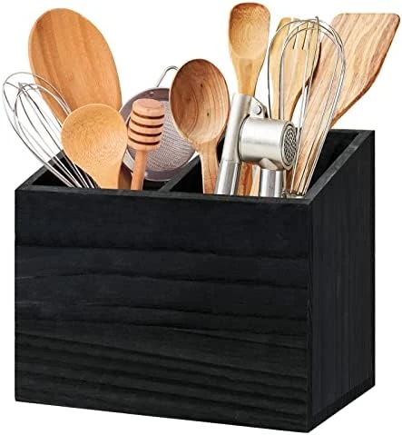 Utensil Holder For Kitchen Counter, Wood Utensil Organizer With 2 Compartments, Utensil Caddy And Silverware Organizer For Kitchen Decor, Black Kitchen Accessories 6 Utensil Holder For Kitchen Counter, Wood Utensil Organizer With 2 Compartments, Utensil Caddy And Silverware Organizer For Kitchen Decor, Black Kitchen Accessories - Image 6