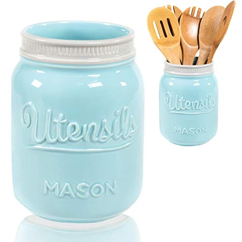 Wide Mouth Mason Utensil Holder - Large Ceramic Kitchen Utensil Holder - Rustic Farmhouse Caddy Organizer For Cooking Utensils, Spatula, Accessories - Beautiful Farm House Countertop Crock Decor 1 Wide Mouth Mason Utensil Holder - Large Ceramic Kitchen Utensil Holder - Rustic Farmhouse Caddy Organizer For Cooking Utensils, Spatula, Accessories - Beautiful Farm House Countertop Crock Decor