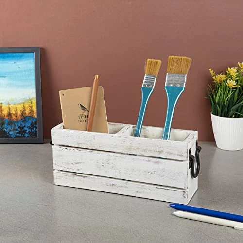 2 Compartment Flatware Caddy With Metal Handles, Cutlery Holder, Multipurpose Organizer For Office Supplies, Remote Controllers, Nightstand | Rustic White Finish 4 2 Compartment Flatware Caddy With Metal Handles, Cutlery Holder, Multipurpose Organizer For Office Supplies, Remote Controllers, Nightstand | Rustic White Finish - Image 4