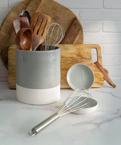 Utensil Holder – Crock - Caddy - Extra Large Ceramic Organizer For Kitchen Countertop - Modern Or Rustic Farmhouse Decor - Gray & Natural White - Jar Holds All Spatulas, Spoons & Tools 1 Utensil Holder – Crock - Caddy - Extra Large Ceramic Organizer For Kitchen Countertop - Modern Or Rustic Farmhouse Decor - Gray & Natural White - Jar Holds All Spatulas, Spoons & Tools
