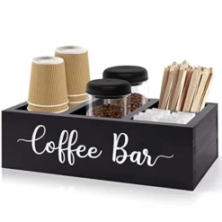 Zingoetrie Coffee Bar Wooden Box Coffee Station Organizer Coffee Bar Pod Holder Storage Accessories For Coffee Counter Farmhouse Kitchen Decor - Black