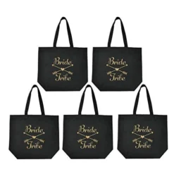 ElegantPark Bride Tribe Squad Tote Bridesmaid Wedding Bachelorette Bridal Shower Gifts Shoulder Bags Black Cotton Gold Glitter 5 Pcs