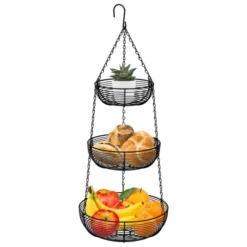 3-Tier Hanging Basket Fruit Organizer Kitchen Heavy Duty Wire Organizer With 2 Free Bonus Metal Ceiling Hooks, Black