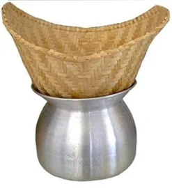 Sticky Rice Pot Set Cooker Original Classic Style Also The Method That Is Still In Use In Thailand 1 Set Consist Of Aluminum Pot Size 9 X 9 Inch And Bamboo Basket Size 13 X 17.inch