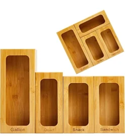 Ziplock Bag Storage Organizer - Kitchen Drawer Organization Gallon, Quart, Sandwich, Snack, Slider Bags – Premium Bamboo Plastic Food Bag Holders Dispenser