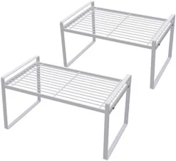 Shantton 2 Pack Kitchen Cabinet Shelf Counter Organizer Rack Pantry Storage Bathroom Bedroom Office Table Desk Space Saving Steel Frame Stackable Rust Resistant Non Slip White -Kitchen Island Sale 41Kb20w5x1L. AC