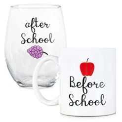 Before School, After School Coffee Mug And Stemless Wine Glass Set - Gift For Teachers And Professors - 11 Oz Coffee Mug - 15 Oz Wine Glass