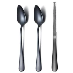 Black Grapefruit Spoons 3 Pieces Set, 2 Stainless Steel Grapefruit Spoon And 1 Grapefruit Knife With Titanium Plating, Grapefruit Utensil Set, Serrated Edges Spoon Pack Of 3 (Black)