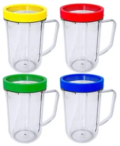 Replacement Blender Mugs Cup With Colored Comfort Lip Rings, Compatible With Original Magic Bullet Blender 250W MB-1001, MB-1001B, MBR-1101, MBR-1701, MBR-1702, MBR-0301, 16 Ounce, 4-Pack