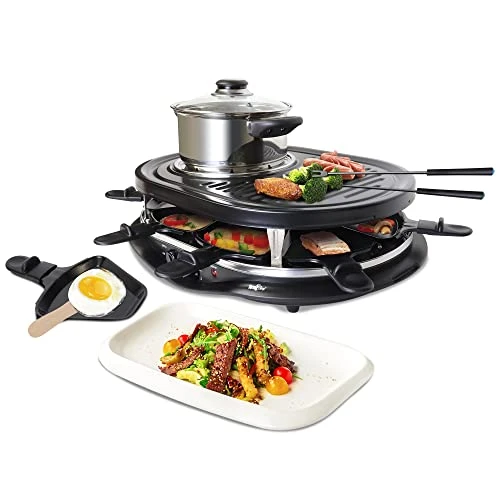 8 Person Raclette And Cheese Fondue Set With Granite Stone, Non-Stick Electric Indoor Grill, Tabletop Cooking, Accessories Included, Ideal For Holidays And Family Dinners, Black 1 8 Person Raclette And Cheese Fondue Set With Granite Stone, Non-Stick Electric Indoor Grill, Tabletop Cooking, Accessories Included, Ideal For Holidays And Family Dinners, Black